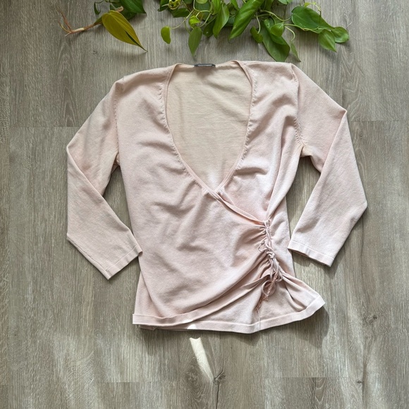 Vintage y2k Light Pink Beige Faux Wrap top with 3/4 Sleeves and Beaded detail - Picture 2 of 7